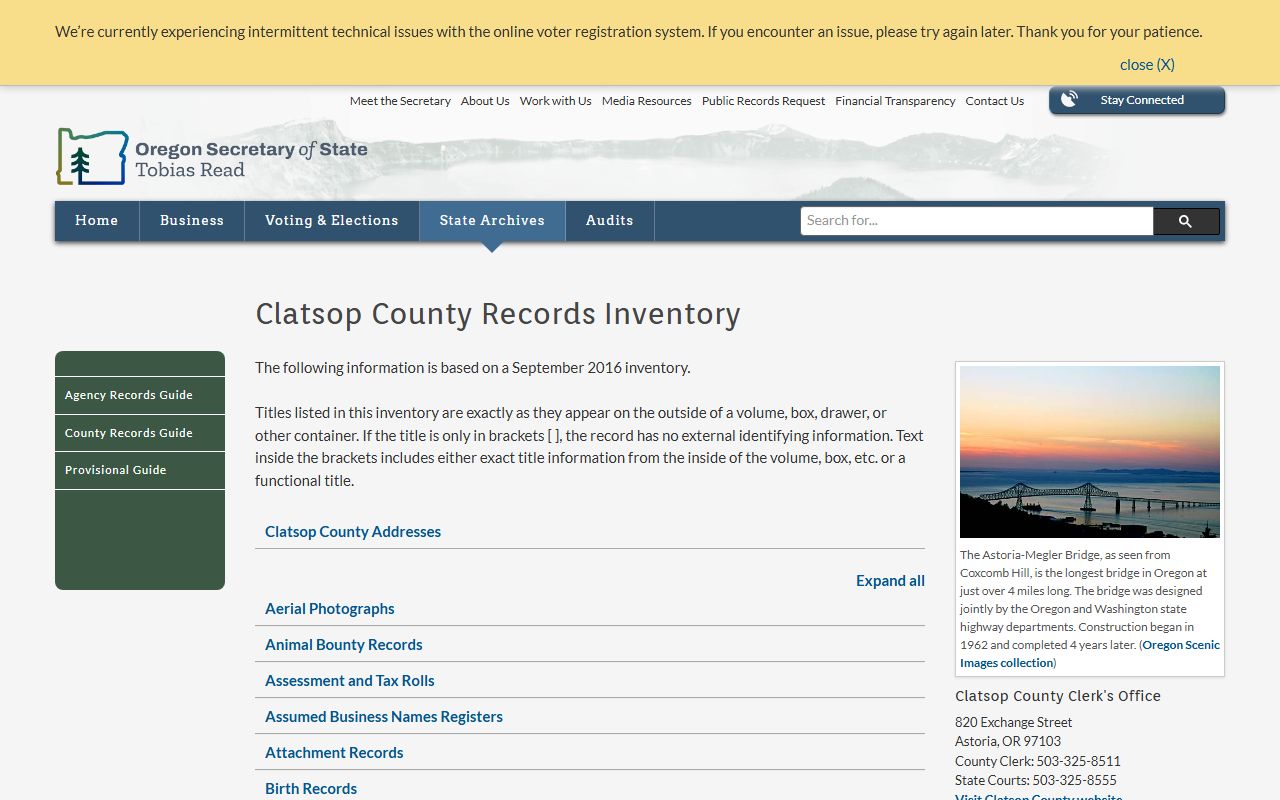 Clatsop County records inventory for bankruptcy records research