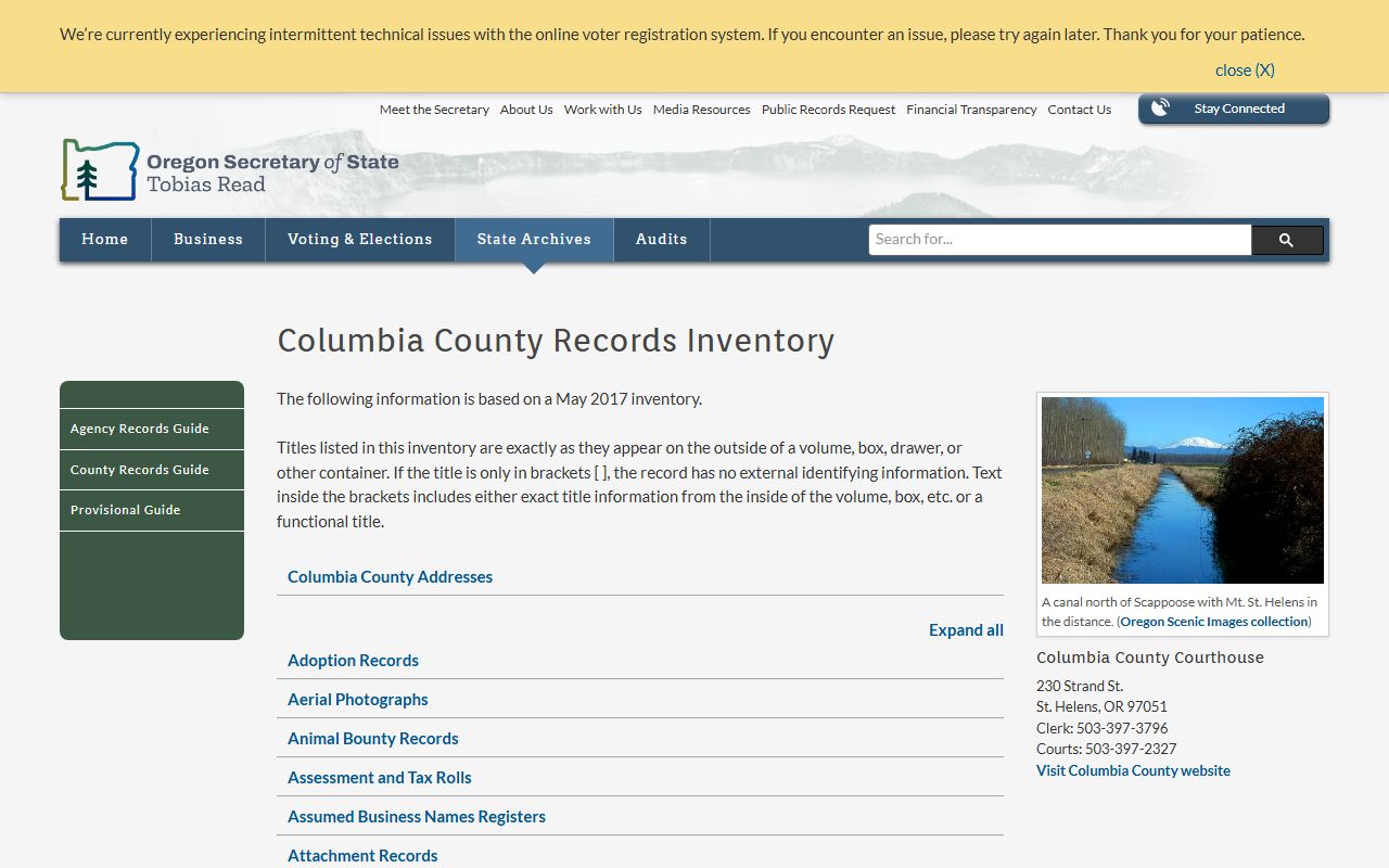 Columbia County records inventory for bankruptcy records research