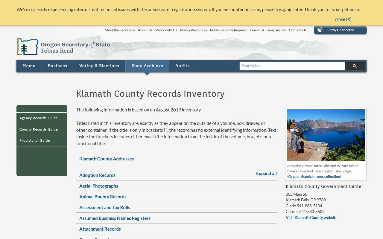 Klamath County records inventory for bankruptcy records research