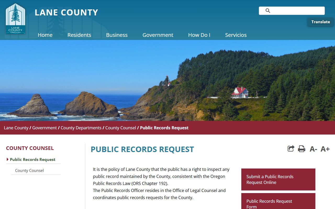 Lane County public records request page for bankruptcy records research