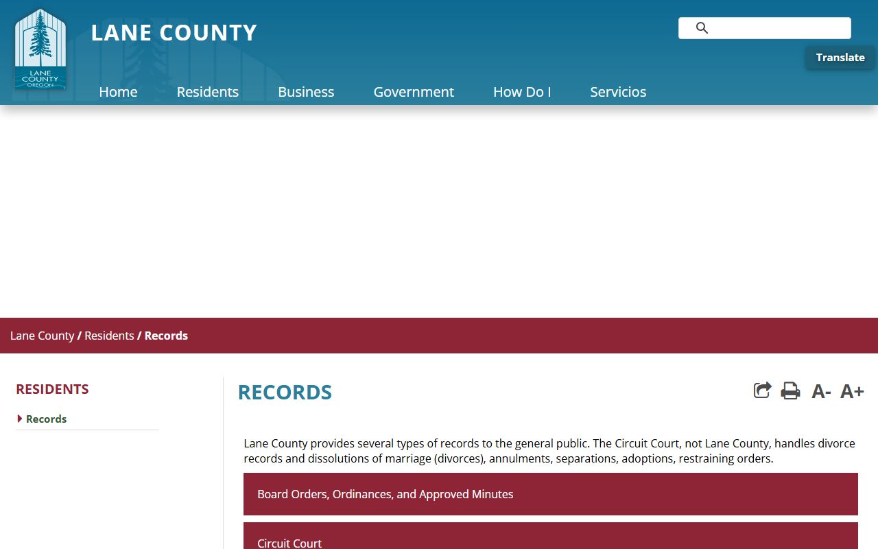 Lane County vital records page for bankruptcy records and public document research