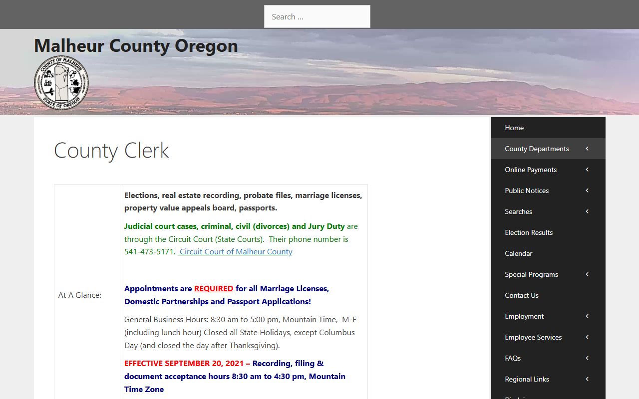Malheur County Clerk main page for bankruptcy records and county services