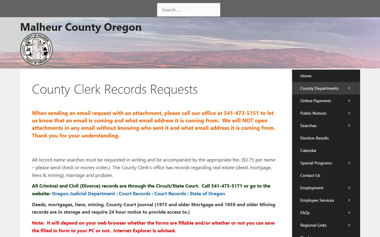 Malheur County Clerk records request page for bankruptcy records research