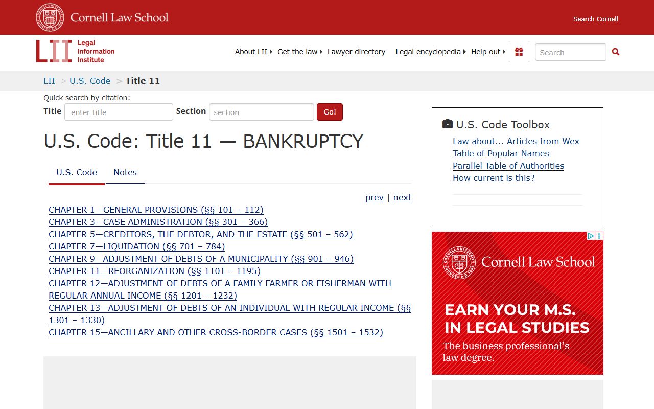 Legal Information Institute U.S. Code Title 11 bankruptcy records reference