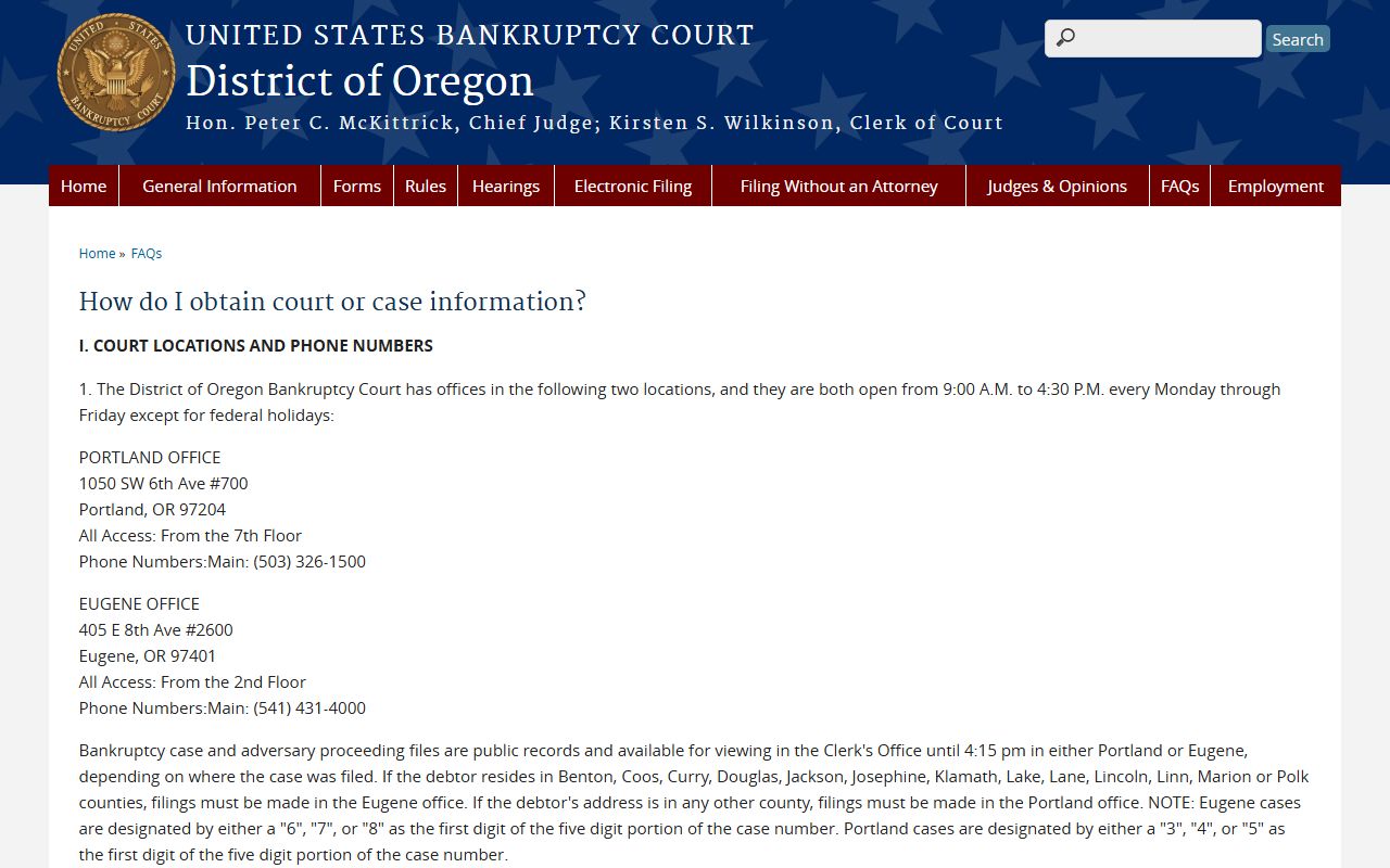 Oregon bankruptcy records case information page showing access methods