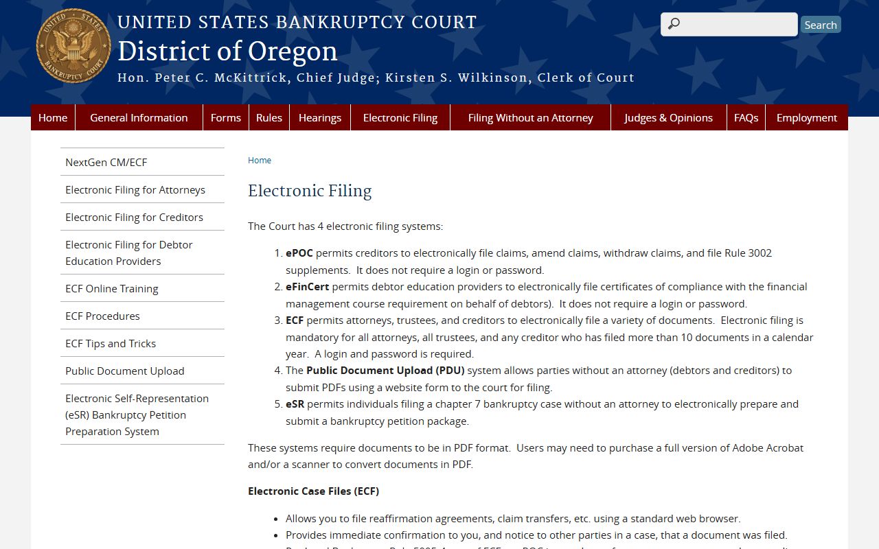 Oregon bankruptcy court electronic filing systems for bankruptcy records