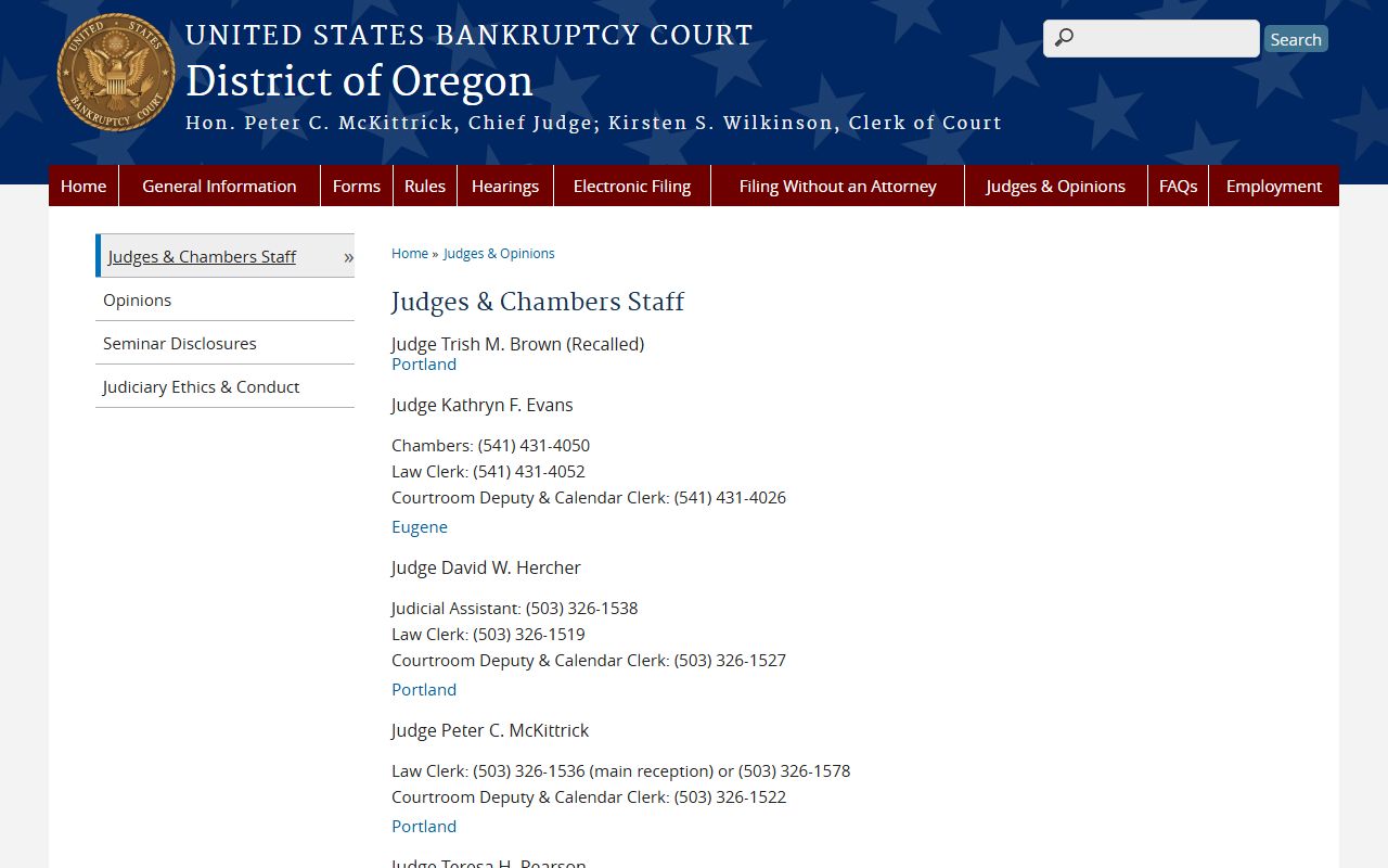 Oregon bankruptcy court judges and chambers staff directory