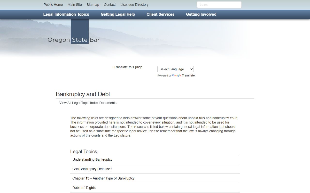 Oregon State Bar bankruptcy information and legal help resources
