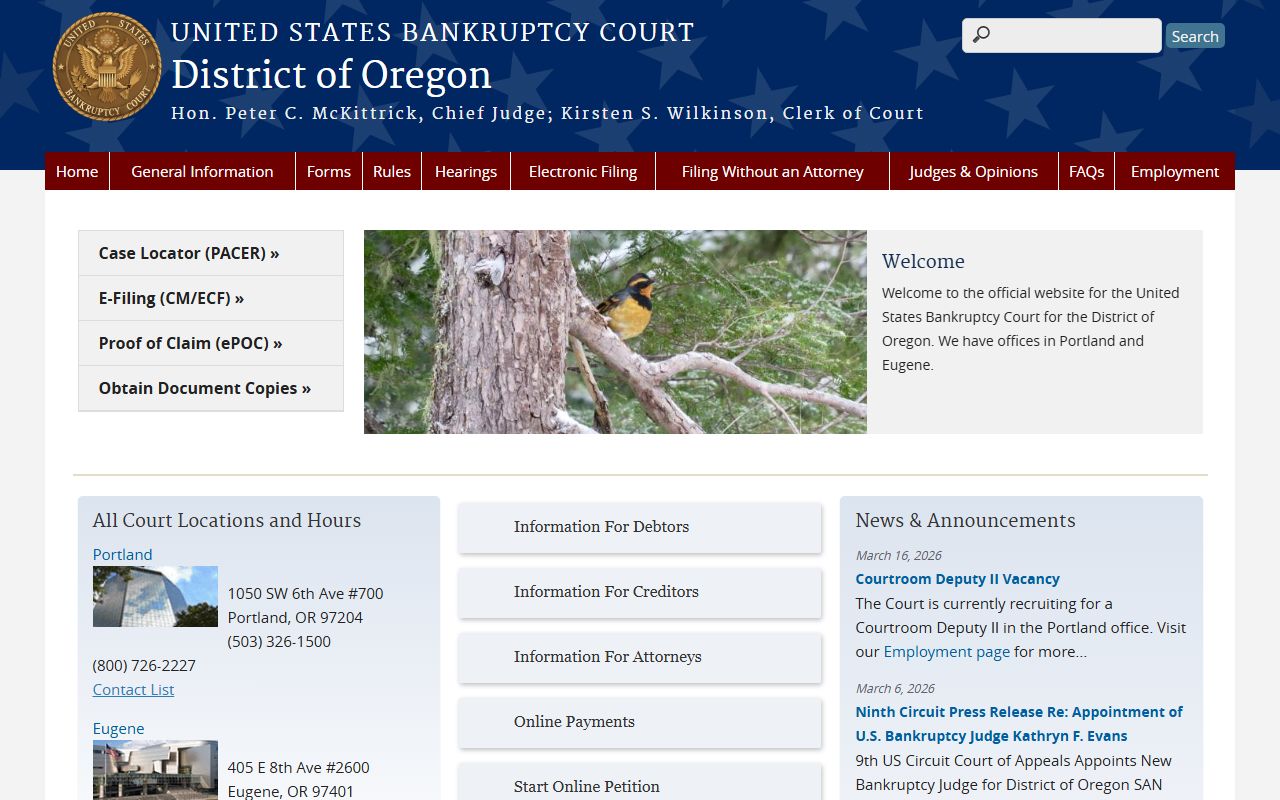 Oregon bankruptcy records U.S. Bankruptcy Court District of Oregon homepage